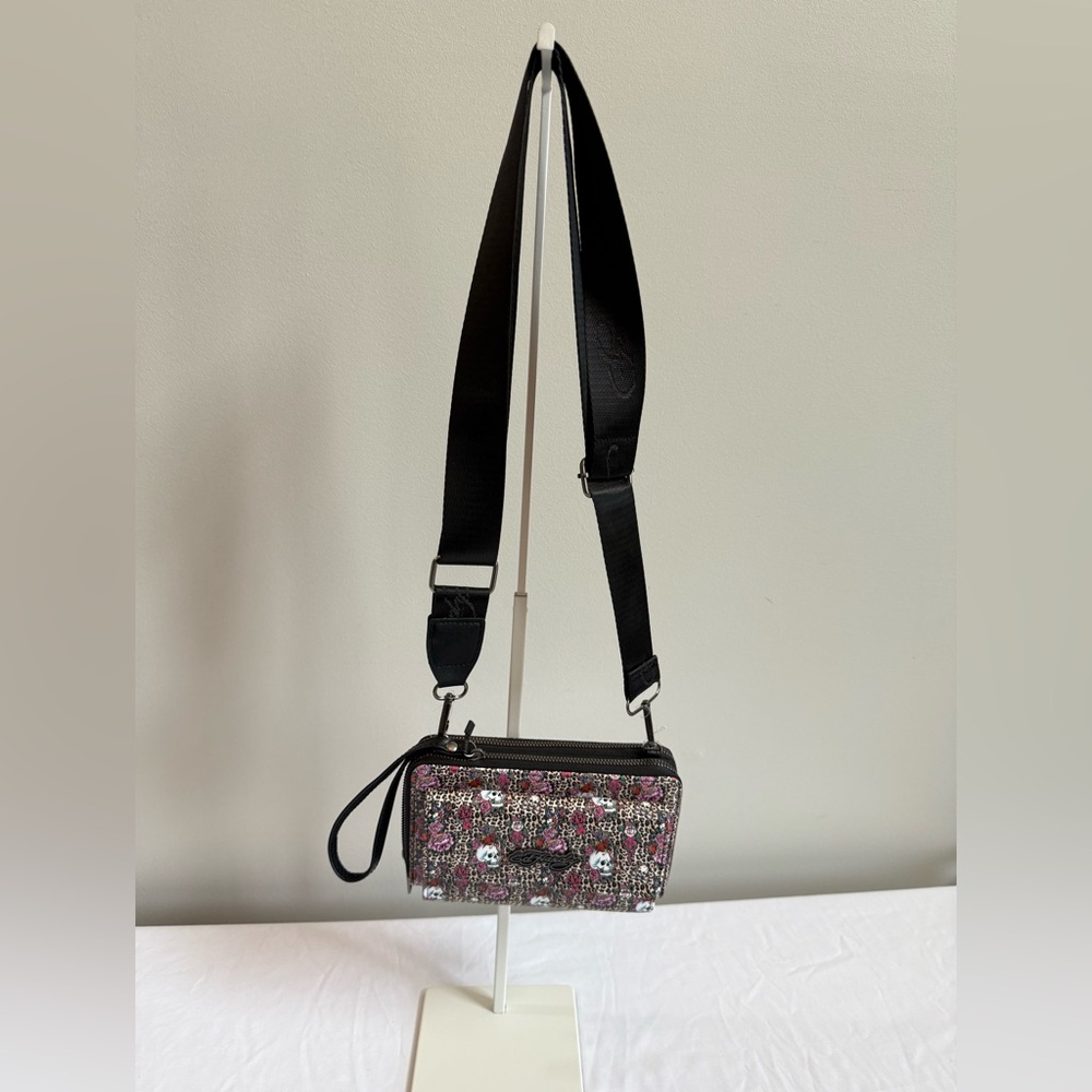 Ed Hardy Pink and Black Floral with leopard design. Crossbody Bag